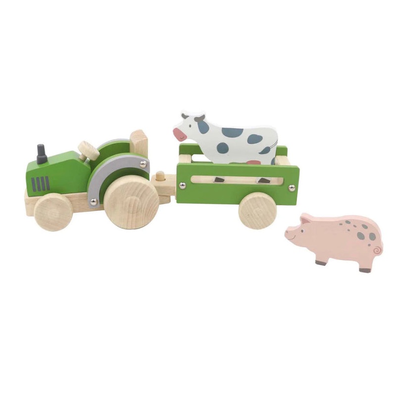 WOODEN TRACTOR W FARM ANIMAL