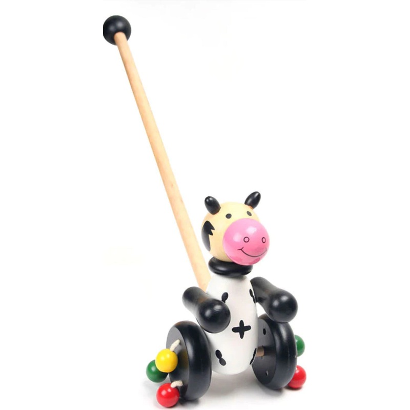 WOODEN ANIMAL PUSH ALONG COW