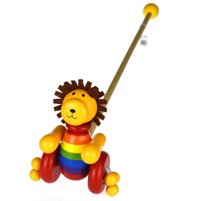 WOODEN ANIMAL PUSH ALONG LION NEW