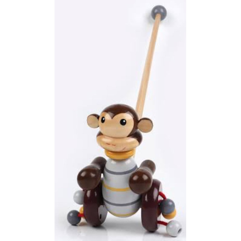WOODEN ANIMAL PUSH ALONG MONKEY NEW