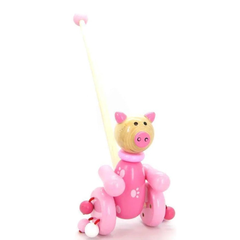 WOODEN ANIMAL PUSH ALONG PIG NEW