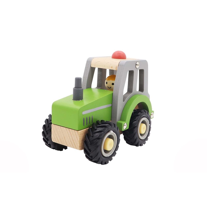 WOODEN TRACTOR W RUBBER WHEELS GREEN