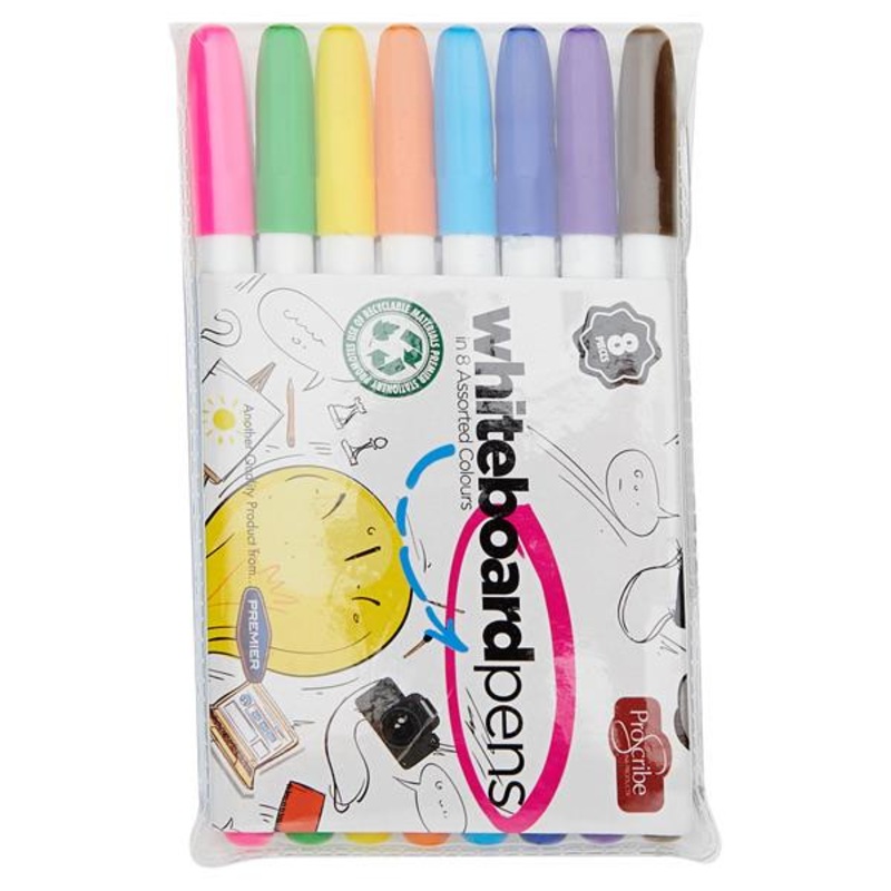 Pro:scribe Pkt.8 Dry Wipe Whiteboard Markers - Asst Colours