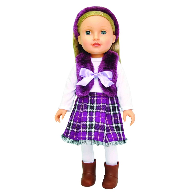 Beverly Hills 18" Doll with Blonde Hair, Dressed in a Purple Skirt and Fur Vest