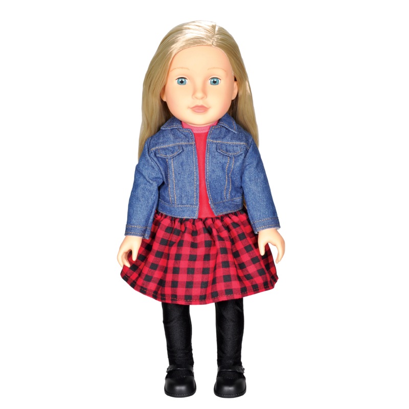 Beverly Hills 18" Doll with Blonde Hair, Dressed in a Red Dress and Denim Jacket