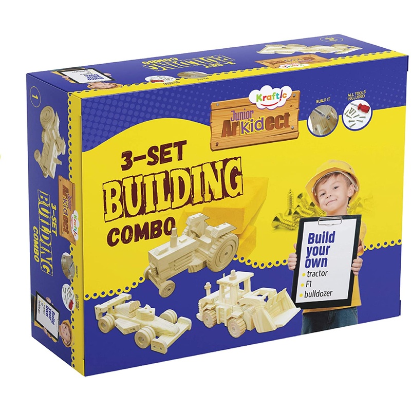 Kraftic Woodworking Building Kit for Kids and Adults, with 3 Educational DIY Carpentry Construction Wood Model Kit Toy Projects for Boys and Girls - Jeep, Flatbed and Barn