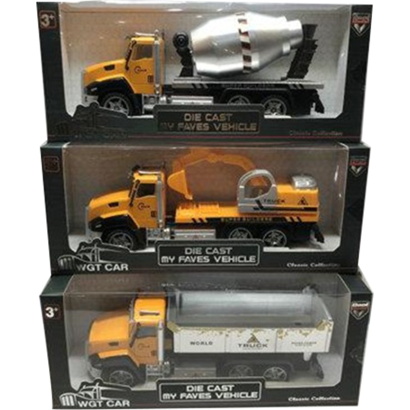 Die-Cast Metal Pullback 3 styles Cement Truck, Dump Truck, Bulldozer