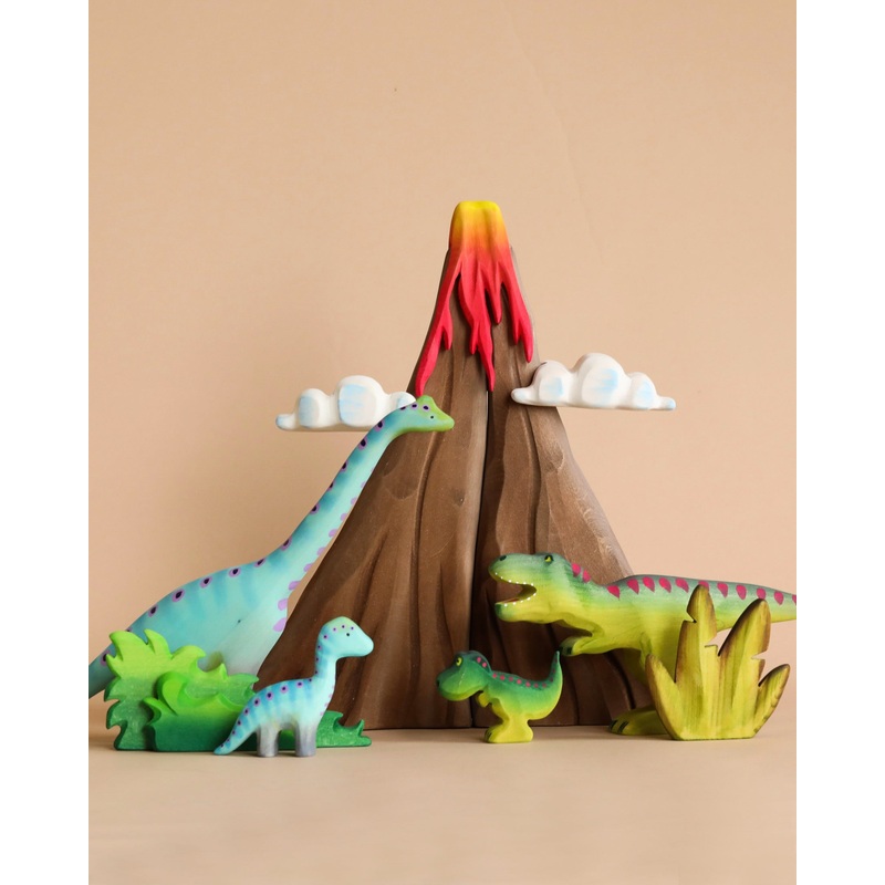Handmade Wooden Volcano & Dinosaurs Set