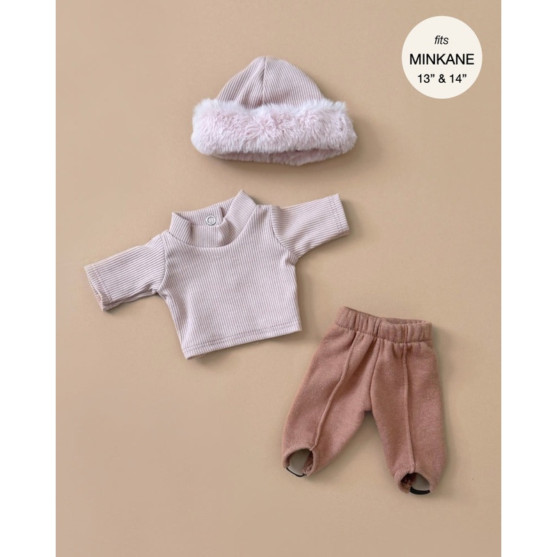 Minikane Doll Clothing | 3-Piece Set in Ribbed Cotton - Brown Sugar & Petal