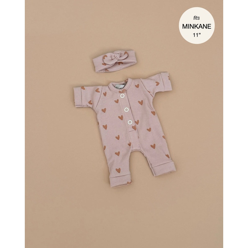 Minikane 11" Doll Clothing | Lili Jumpsuit & Headband in Ribbed Cotton - Little Pink Hearts