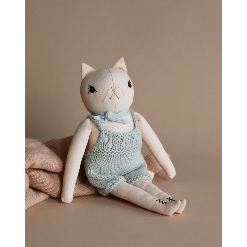 Polka Dot Club Cat in Hand Knit Overalls