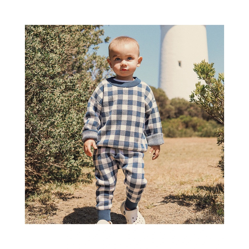 Kynd Baby Jacquard Knit Pants - Navy Gingham