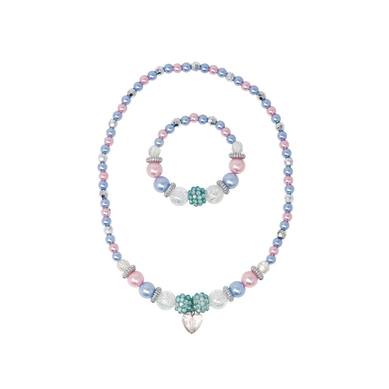 Pink Poppy Blue Ice Princess Stretch Pearl Beaded Necklace and Bracelet