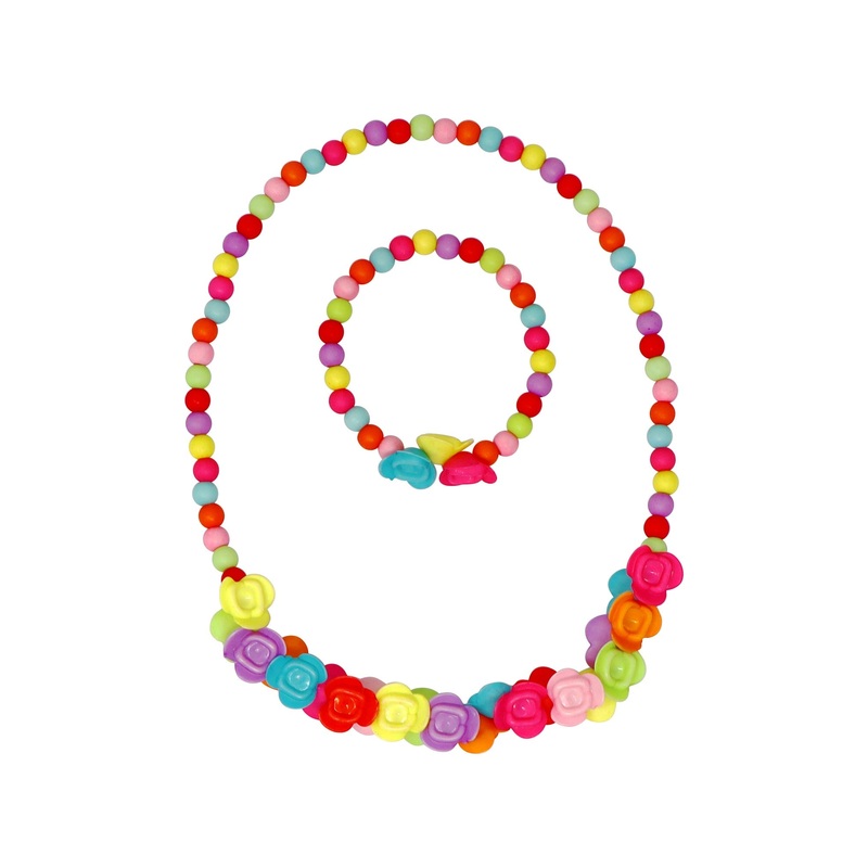 Pink Poppy Vibrant Roses Flower Necklace and Bracelet Set