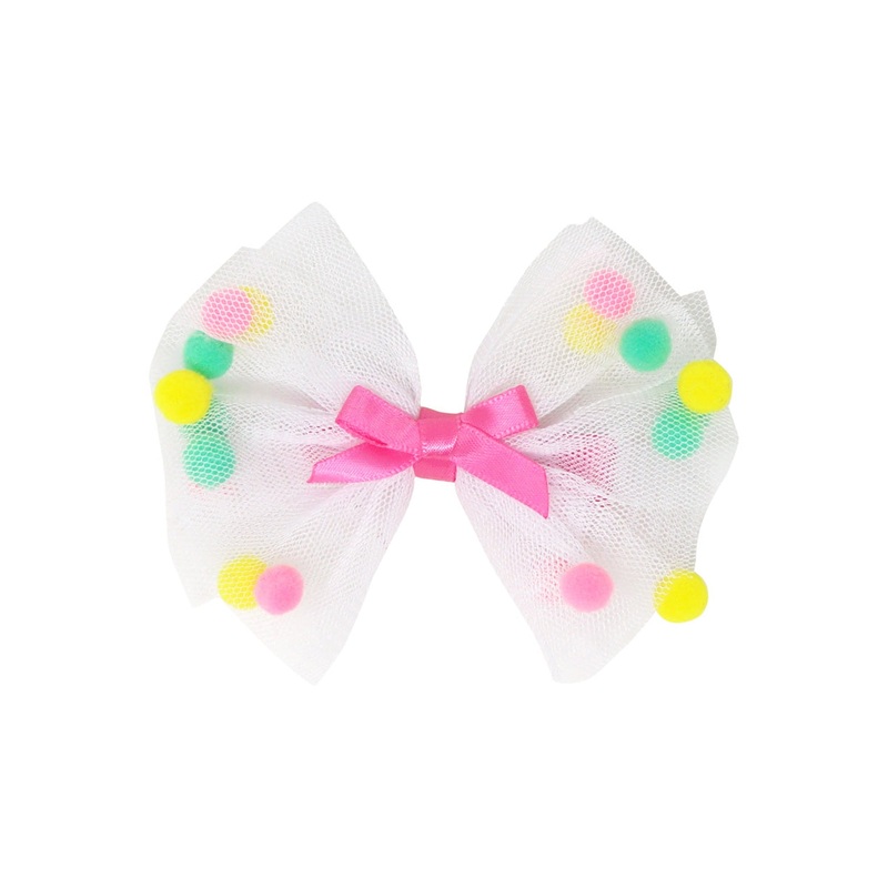 Pink Poppy Mesh Bow with Pom Pom Hairclip