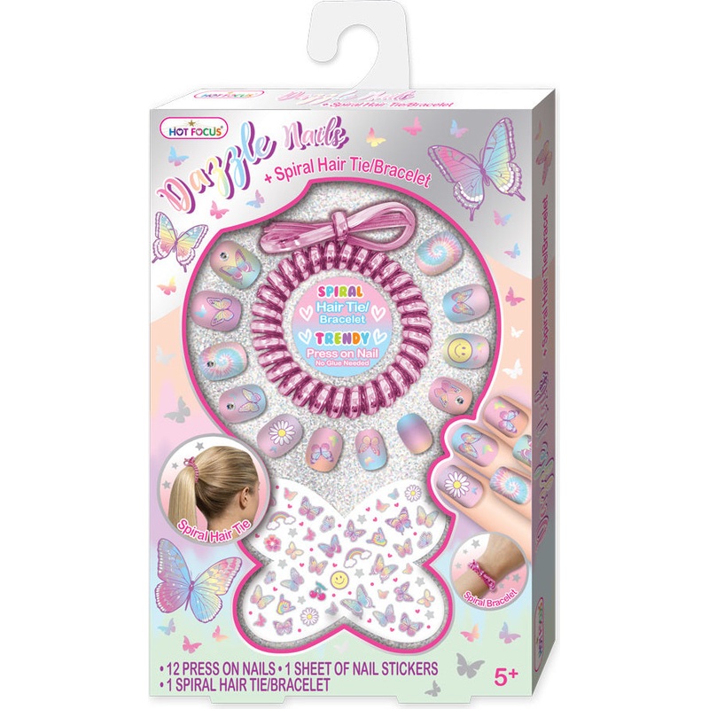 Dazzle Nails + Spiral Hair Tie/Bracelet, Tie Dye Butterfly