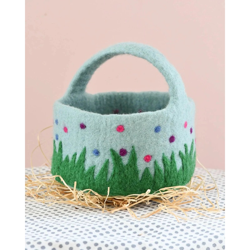 Tara Treasures - Felt Blue Basket with Colourful Dots