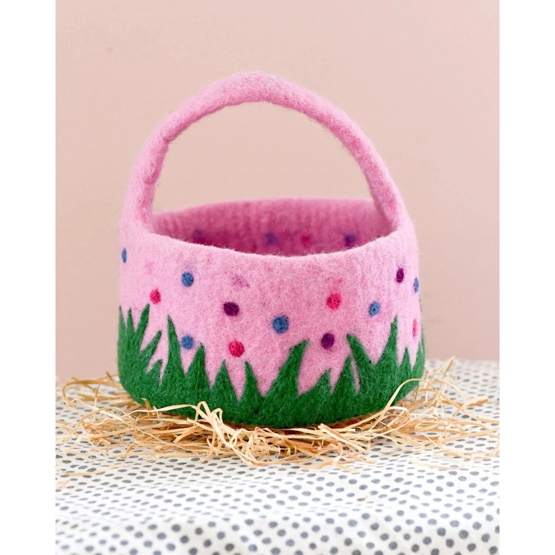 Tara Treasures - Felt Pink Basket with Colourful Dots